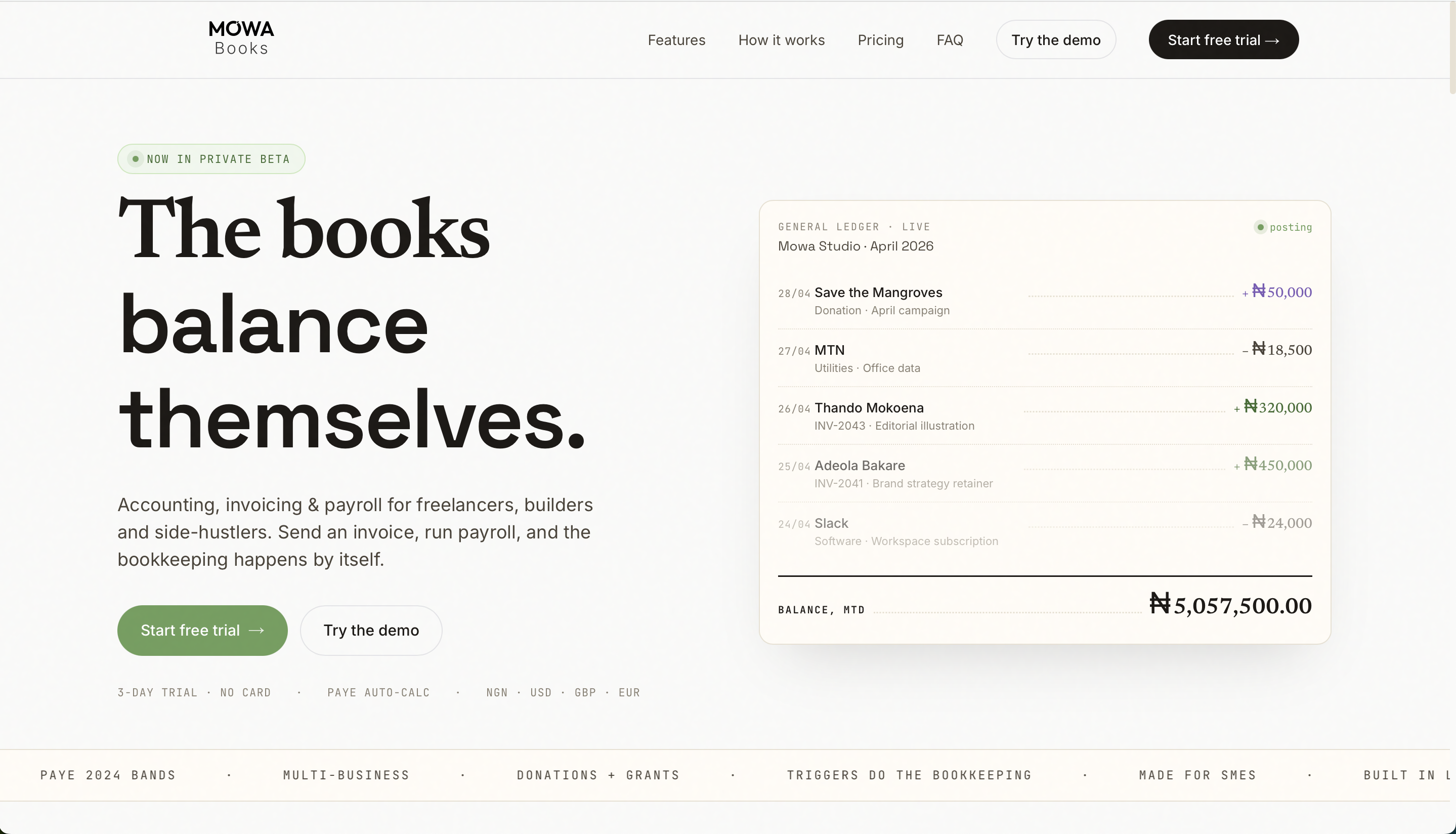 Mowa Books landing page — "The books balance themselves" hero with general ledger preview