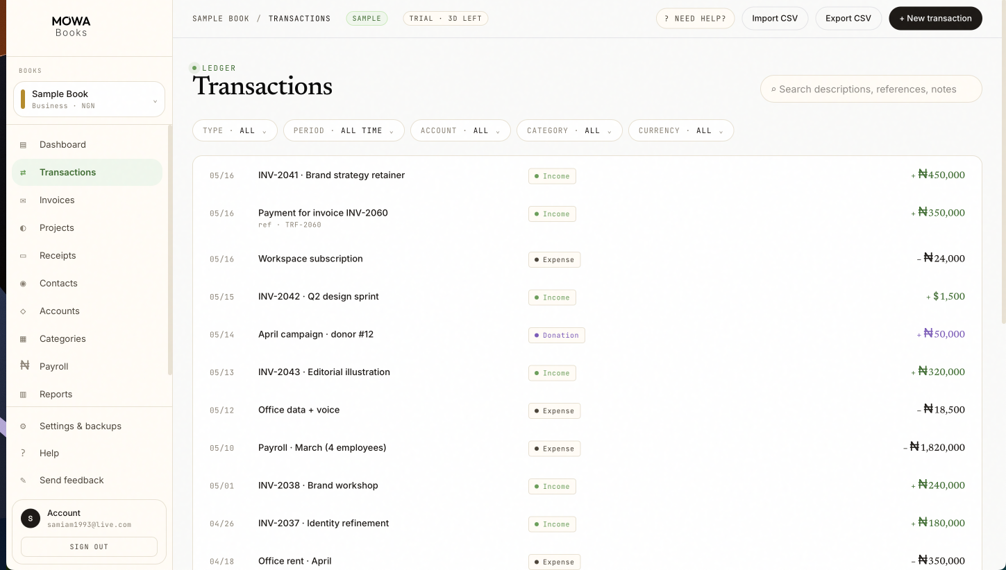 Mowa Books transactions ledger — categorised income and expenses across currencies
