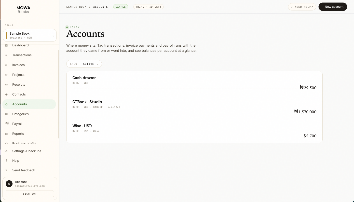 Mowa Books accounts — per-account balances across NGN and USD
