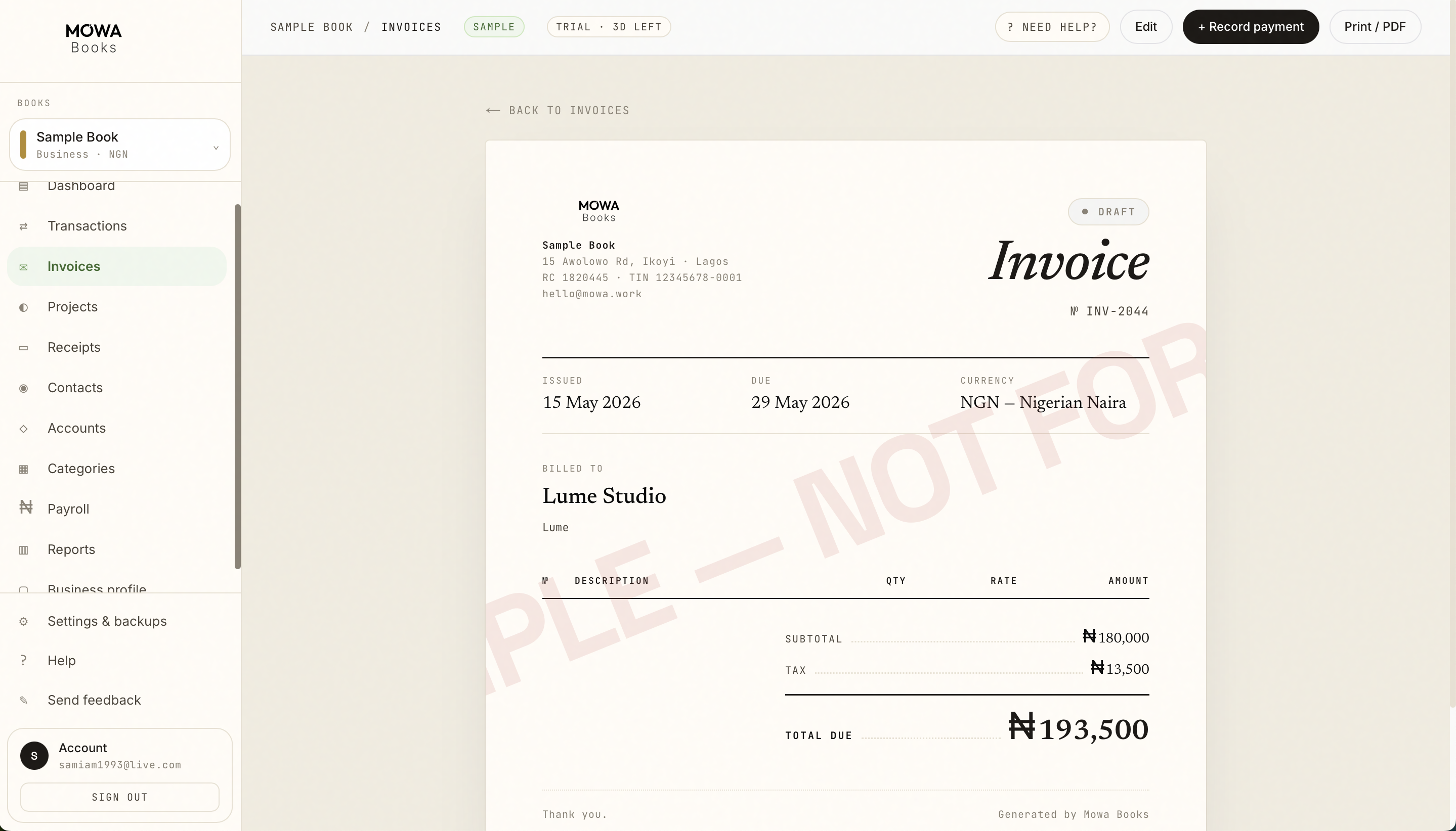Mowa Books invoice — PDF-ready invoice with currency, billing, and totals